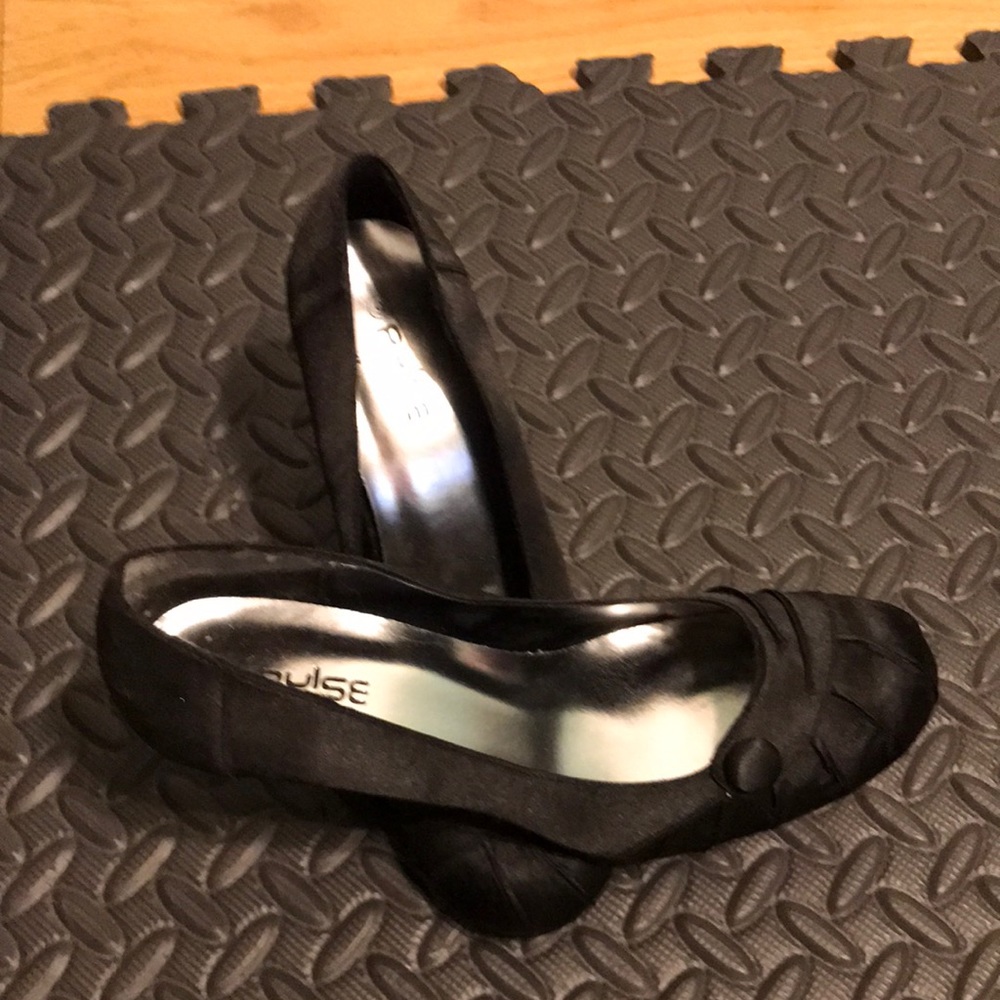 Cute black shiny satin rounded toe heels